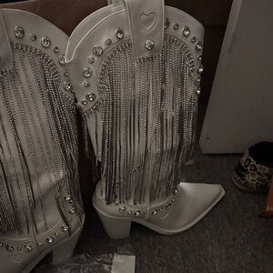 Dolls Kill White Rhinestone Fringe Heeled Boots